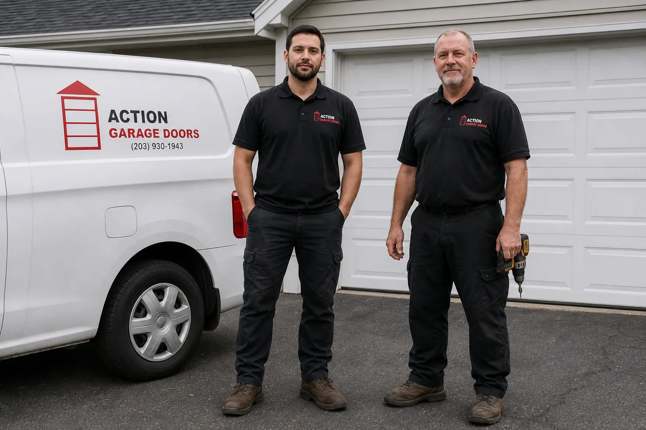 Action Garage Doors technicians and service van outside a home in New Haven, CT