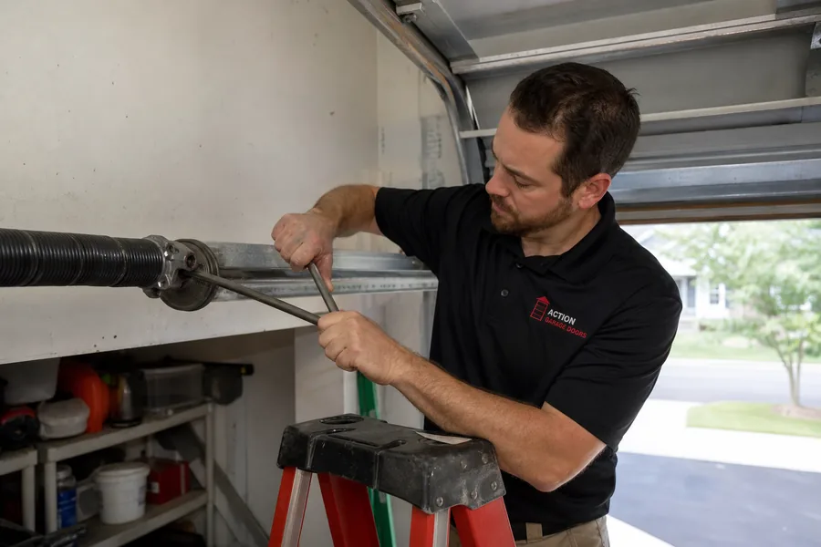 Action Garage Doors technician replacing a broken torsion spring in New Haven, CT